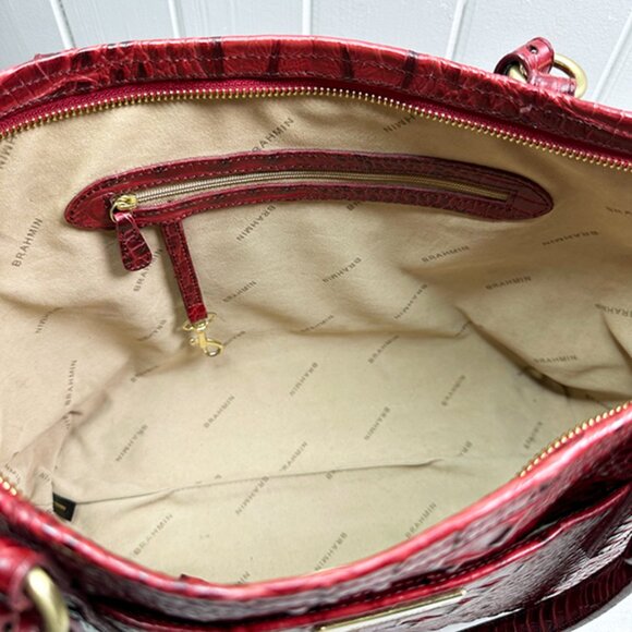 Brahmin Bag Purse Tote Red Med Asher Melborne Croc Shoulder Zip Top GUC - Picture 14 of 16